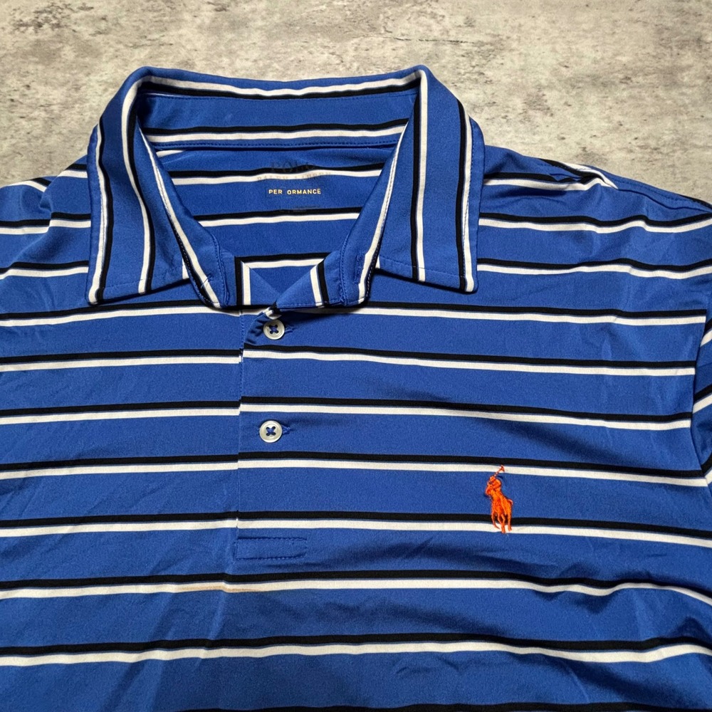 Polo Ralph Lauren Performance Polo Shirt Large Blue Striped Short Sleeve Logo